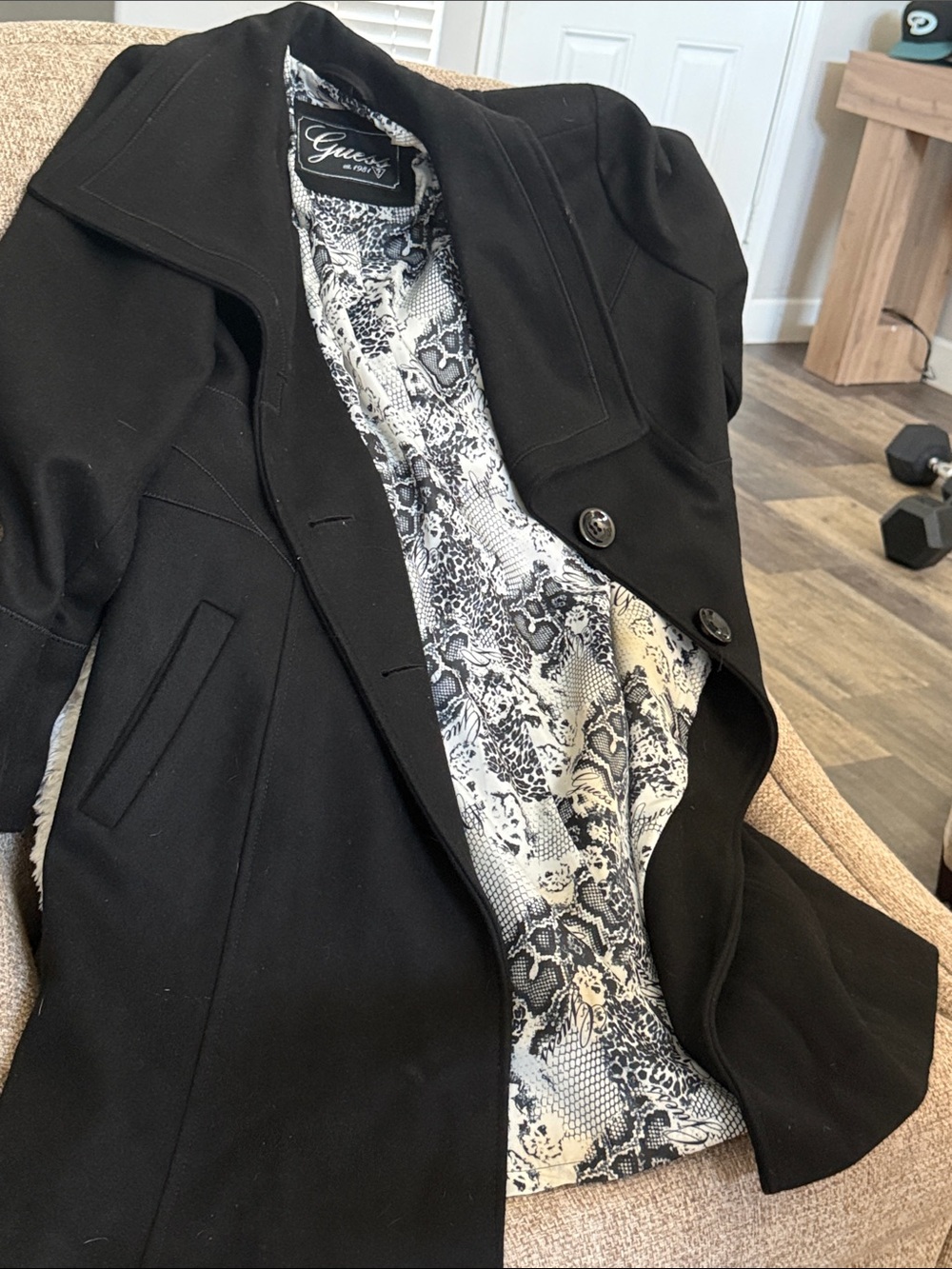 Guess by Marciano Black Peacoat with Monochrome Printed Lining